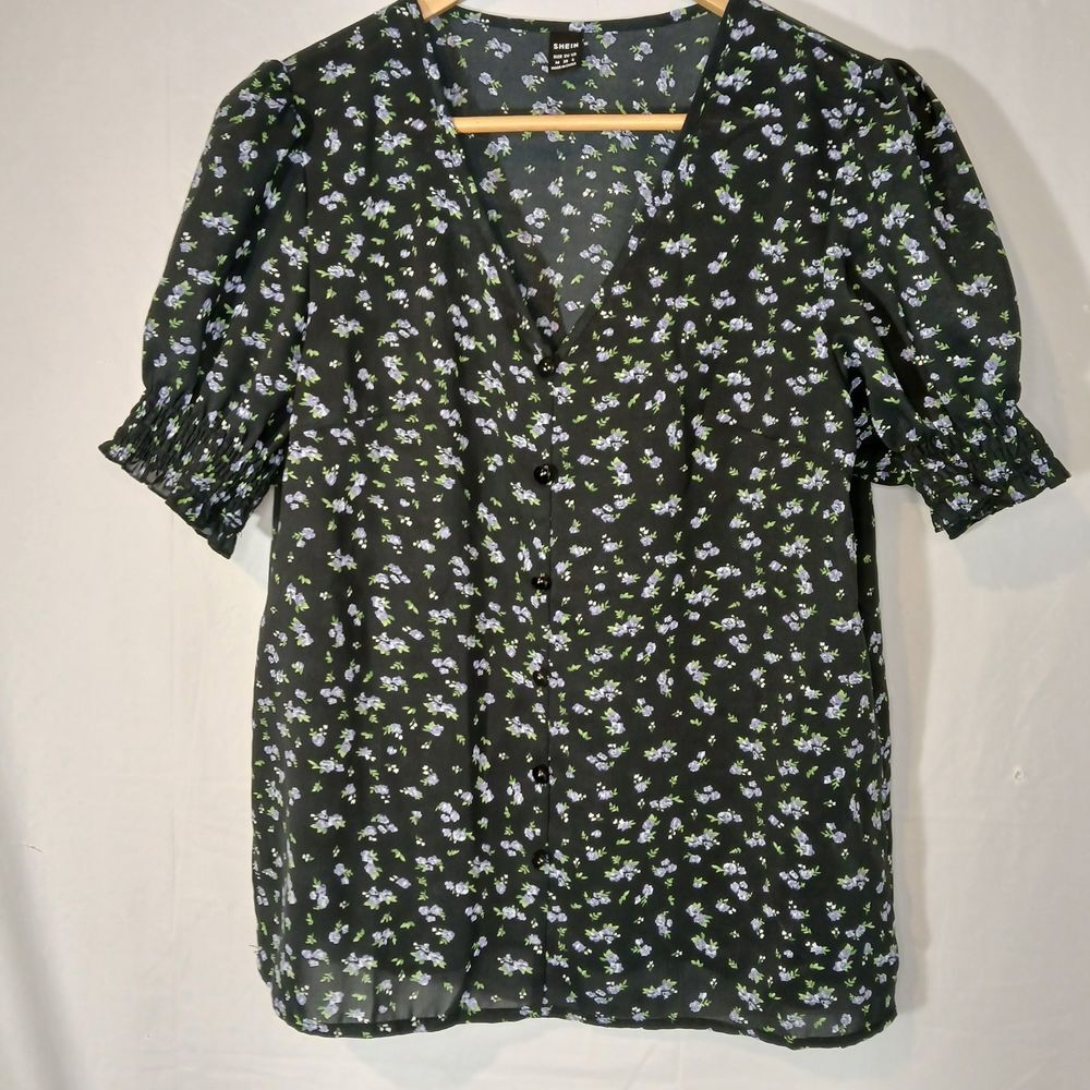 SHEIN Medium / US 6 Black Purple Floral Blouse Office Casual